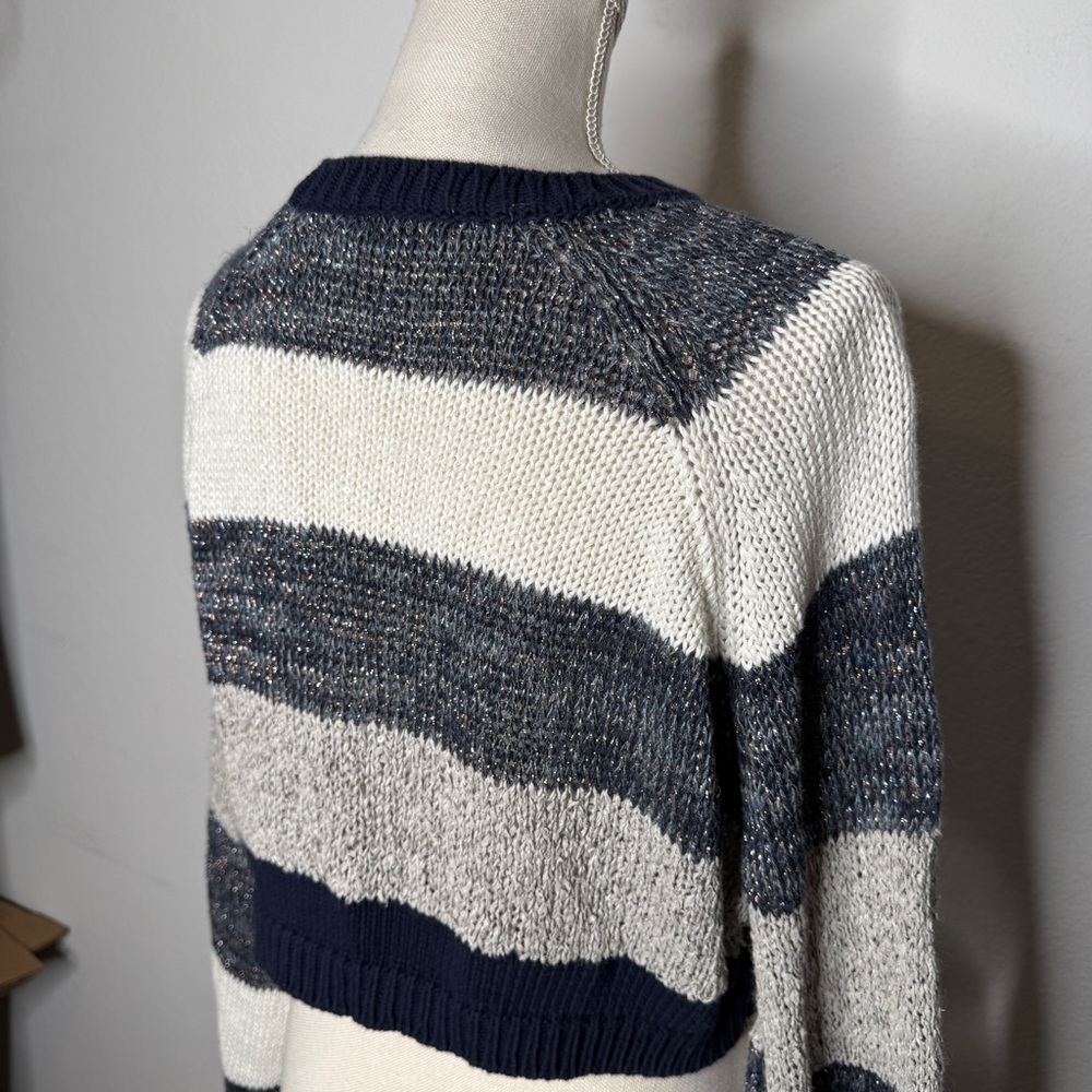 Brunello Cucinelli Cropped Striped Sweater Blue White Metallic Knit Size S - Picture 4 of 9
